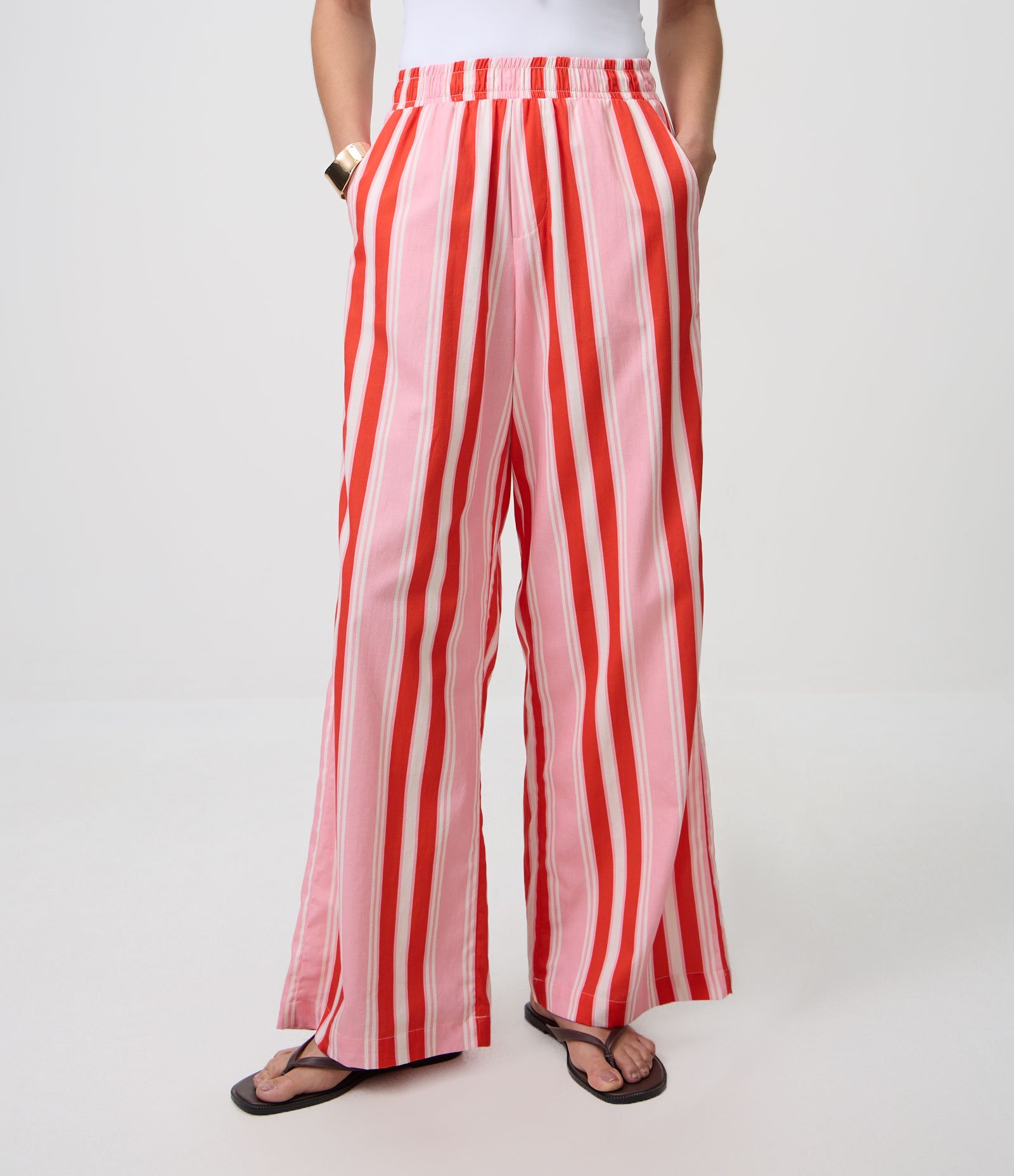 Calça em Tricoline Listrada com Cintura Alta Vermelho 2