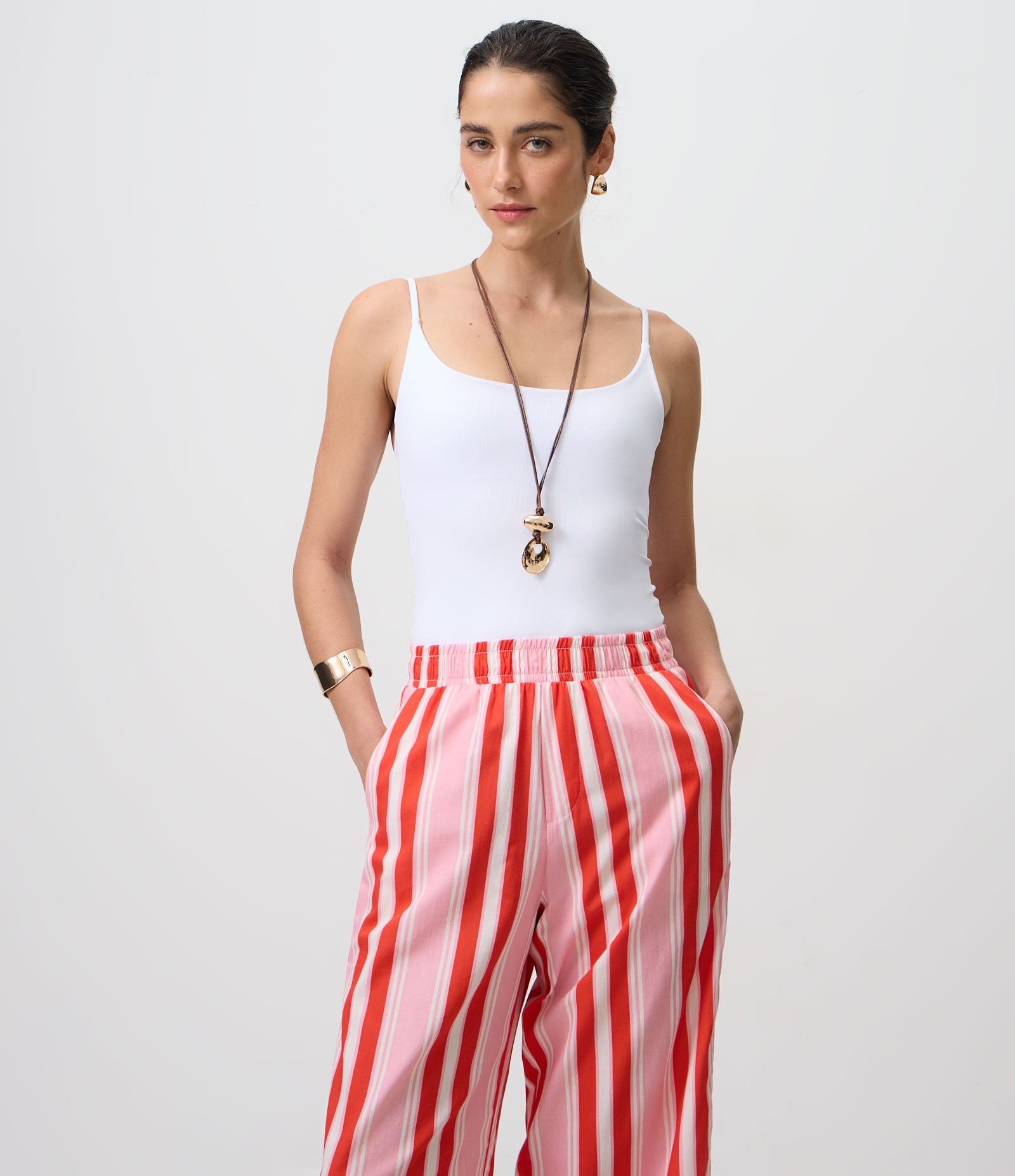Calça em Tricoline Listrada com Cintura Alta Vermelho 3