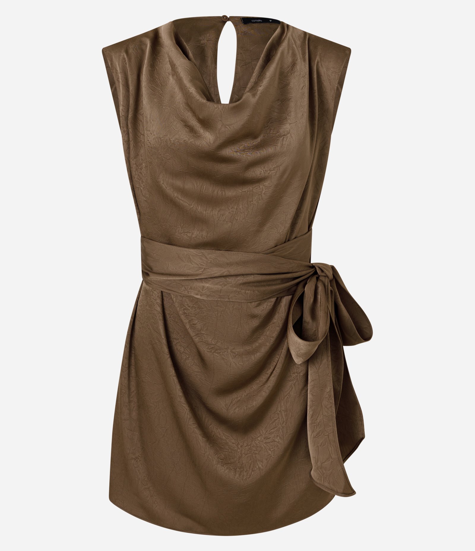 Vestido Curto Texturizado com Amarração e Gola Degagê Marrom 1