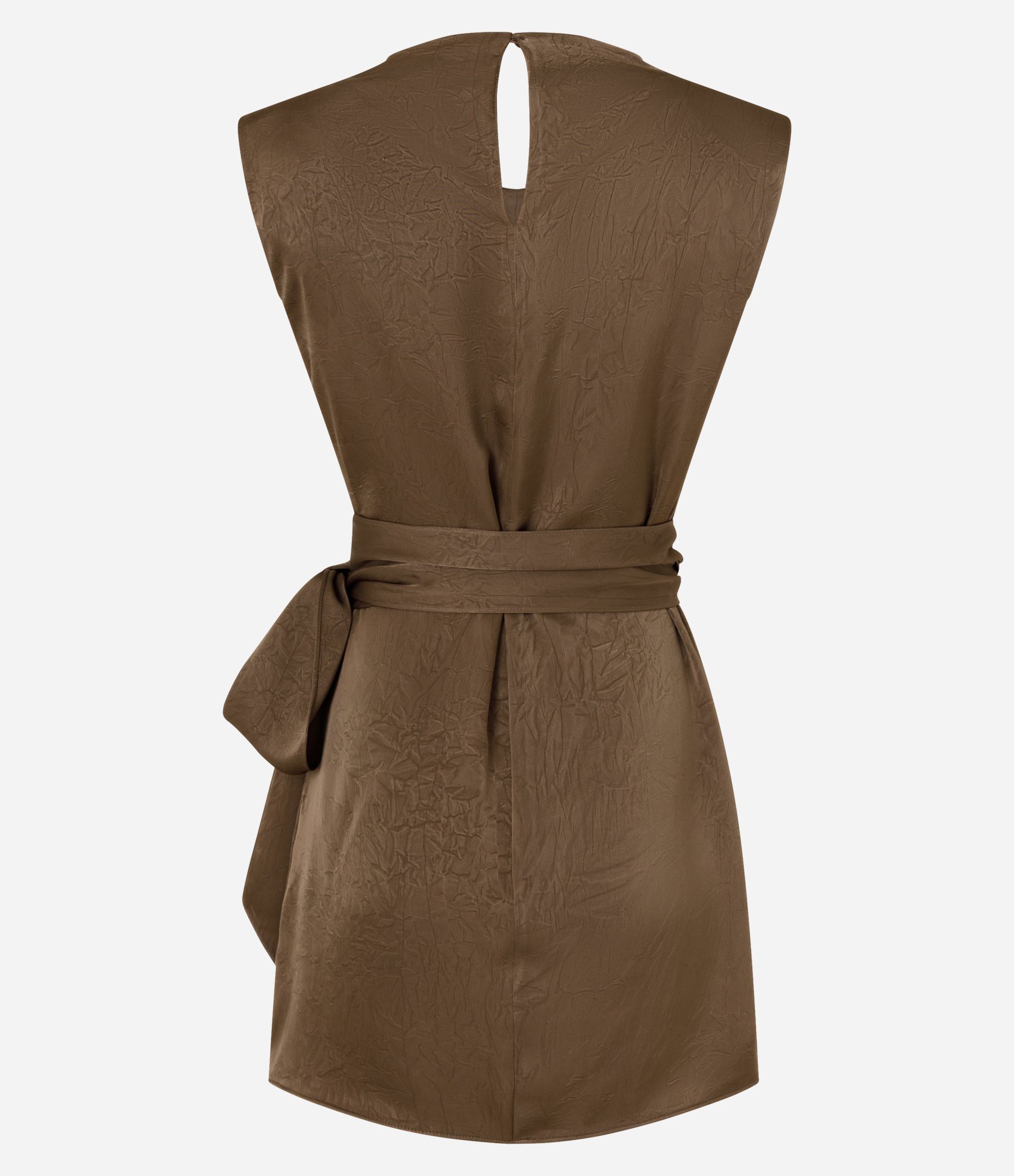 Vestido Curto Texturizado com Amarração e Gola Degagê Marrom 2