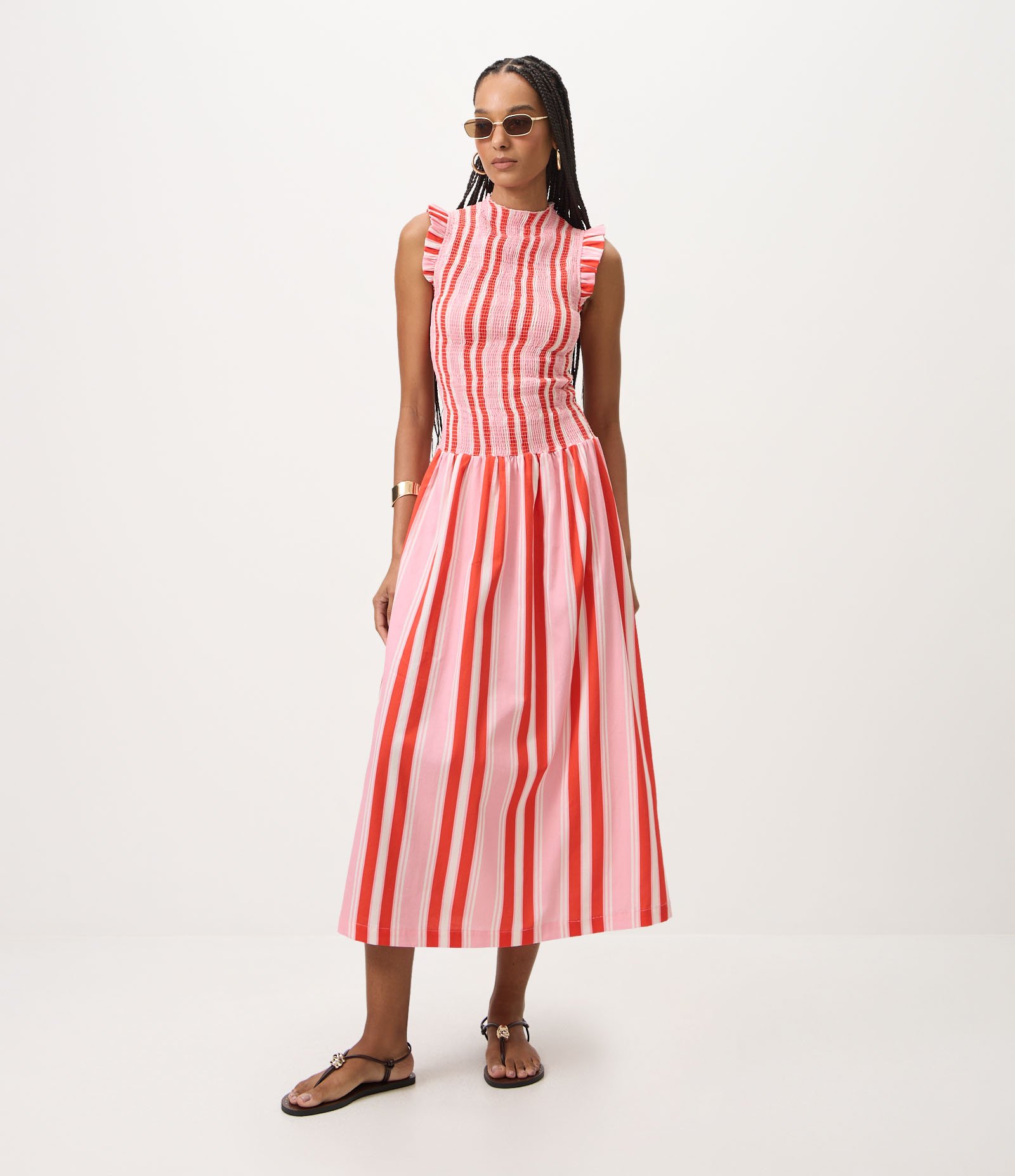 Vestido Midi em Tricoline Listrado e Lastex o Busto Vermelho 1
