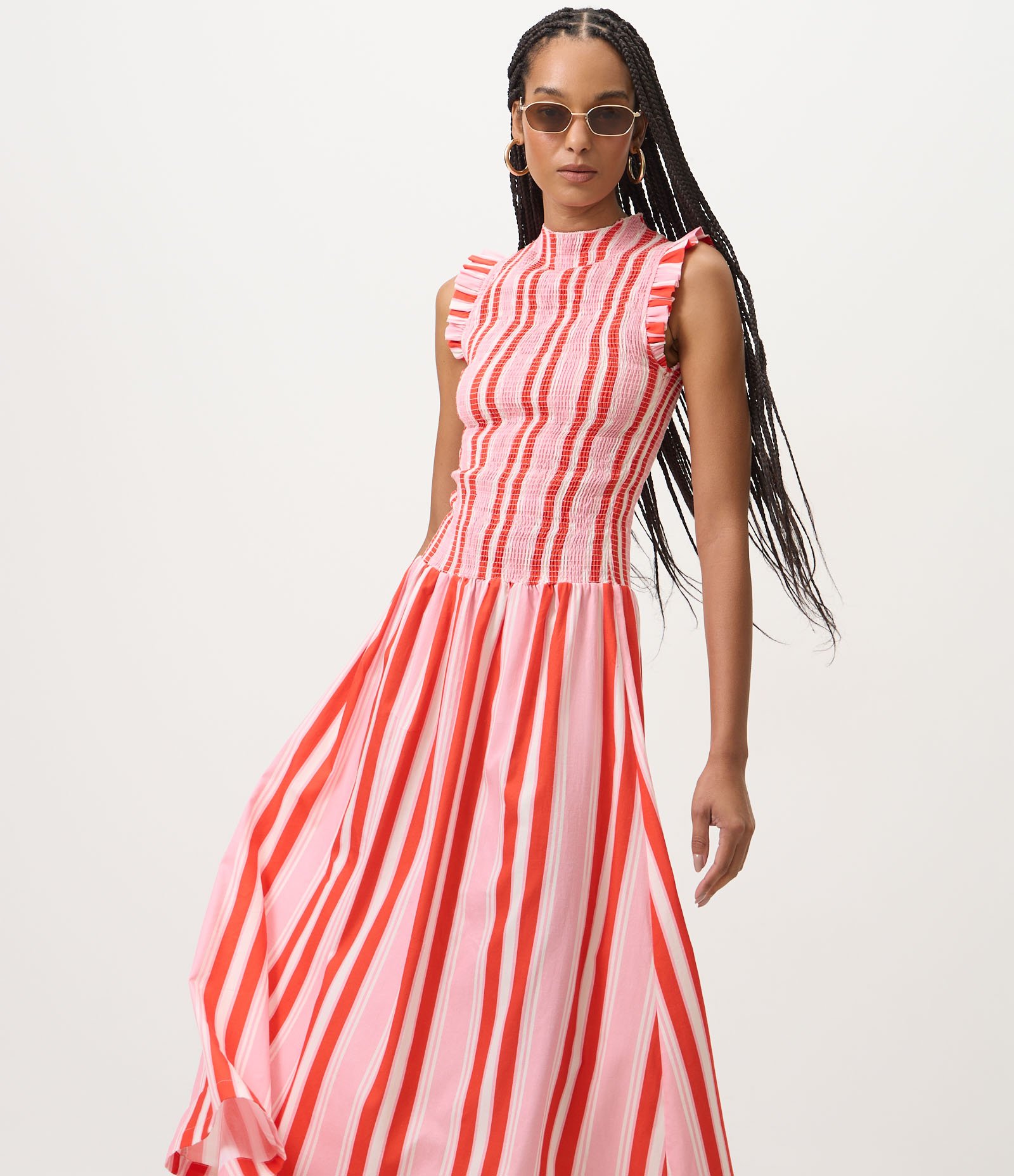 Vestido Midi em Tricoline Listrado e Lastex o Busto Vermelho 2
