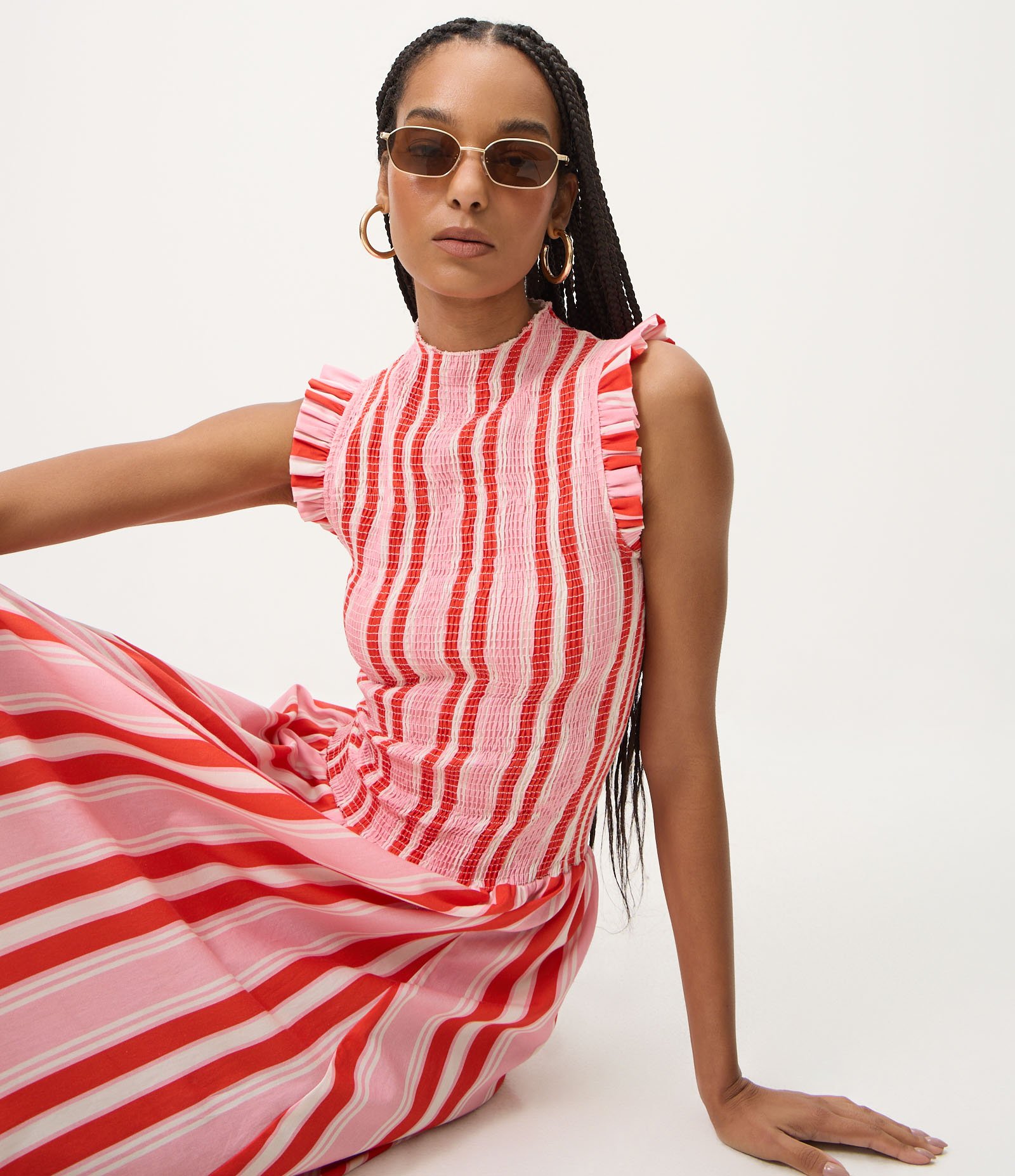 Vestido Midi em Tricoline Listrado e Lastex o Busto Vermelho 3