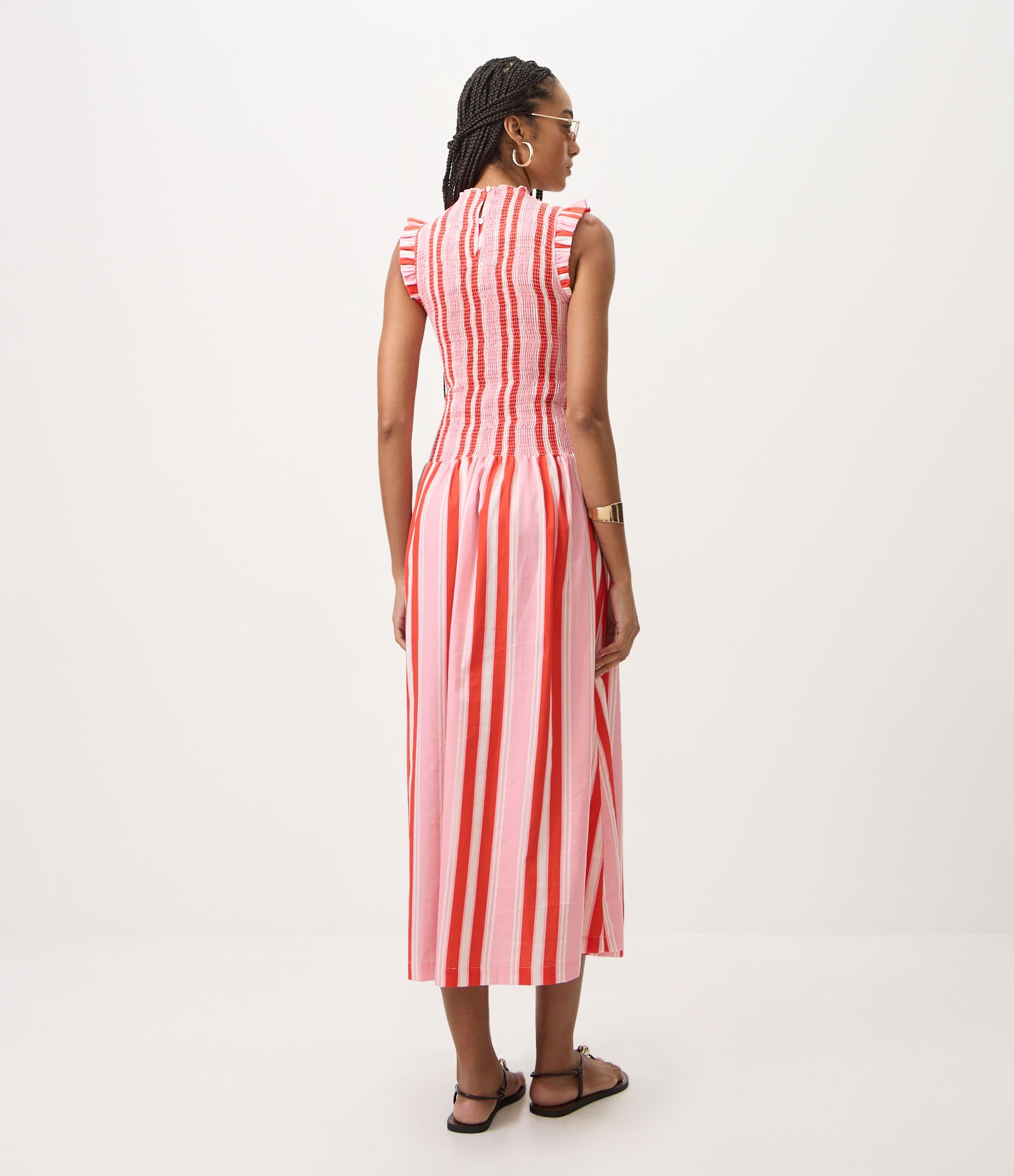 Vestido Midi em Tricoline Listrado e Lastex o Busto Vermelho 4