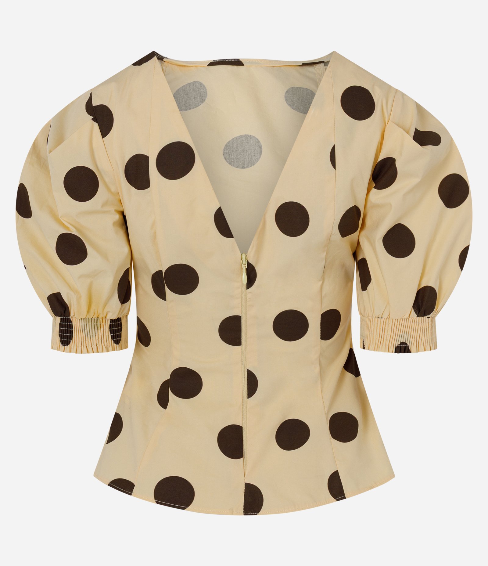 Blusa em Tricoline com Estampa Poá e Mangas Bufantes Amarelo 1