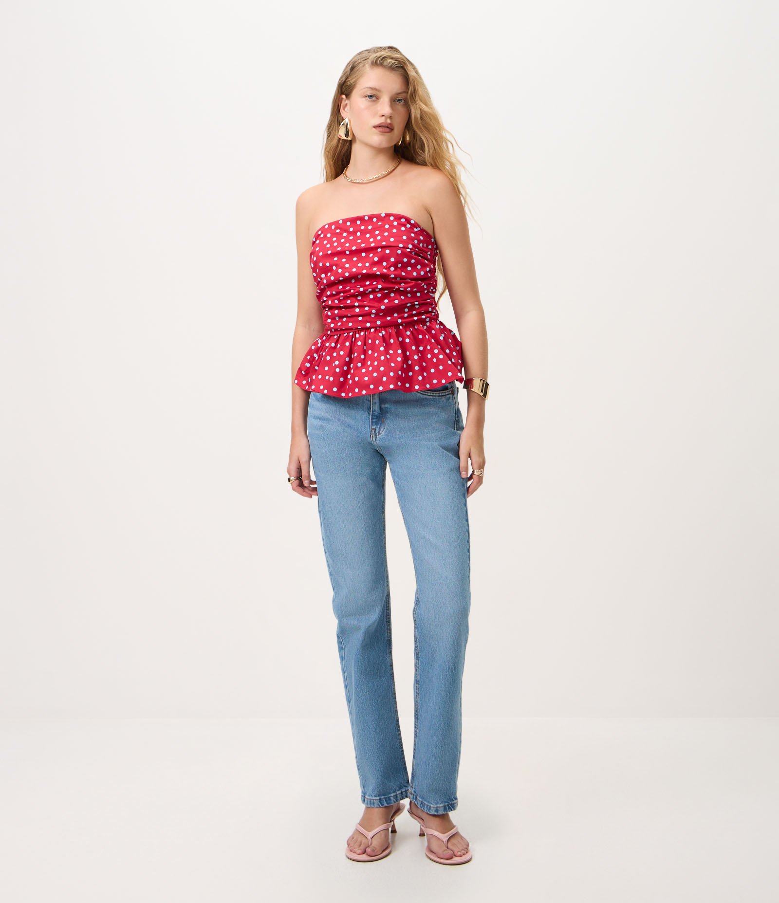 Blusa Peplum em Tricoline Poá Vermelho 2