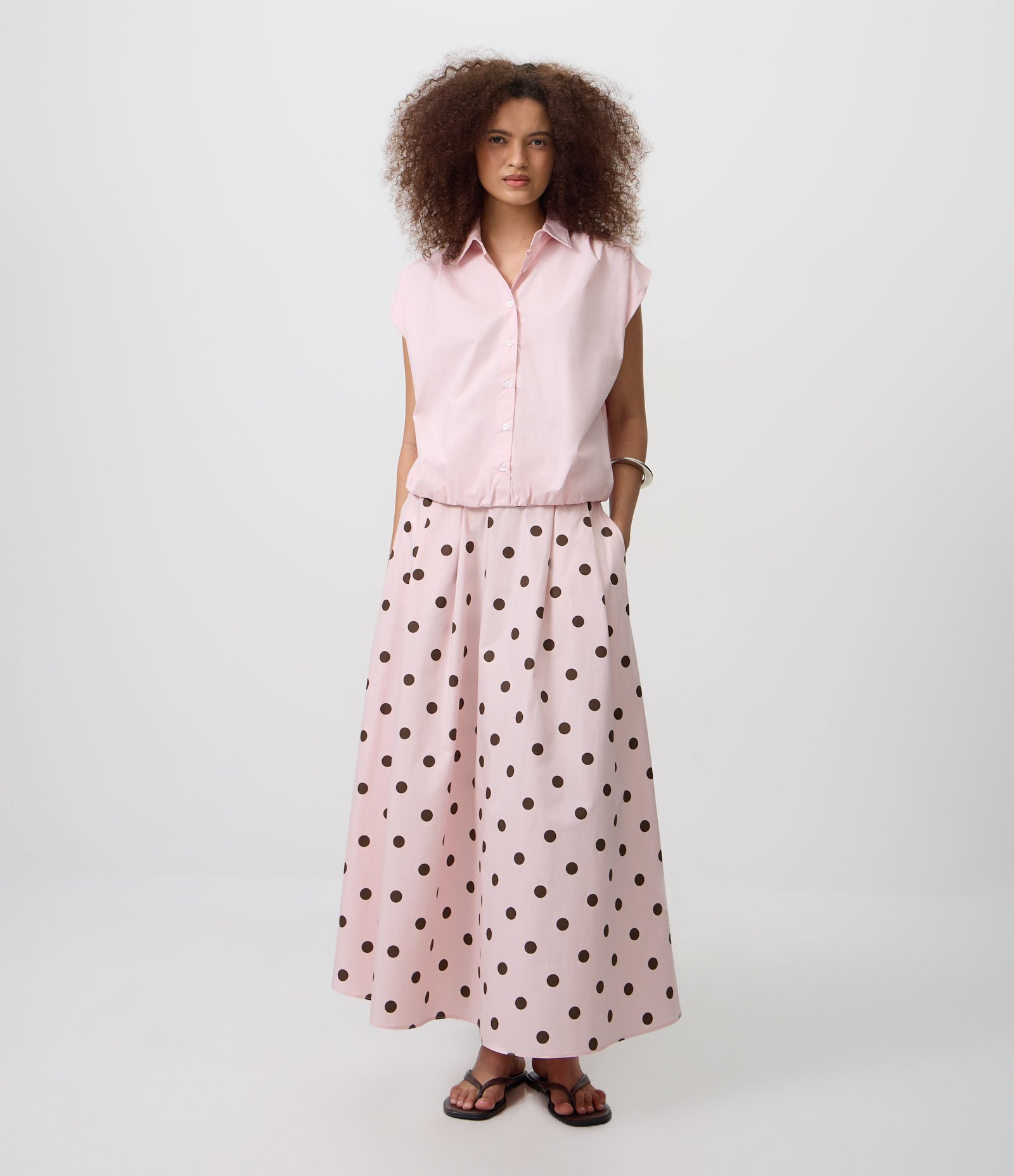 Saia Midi em Tricoline com Estampa Poá Rosa 1