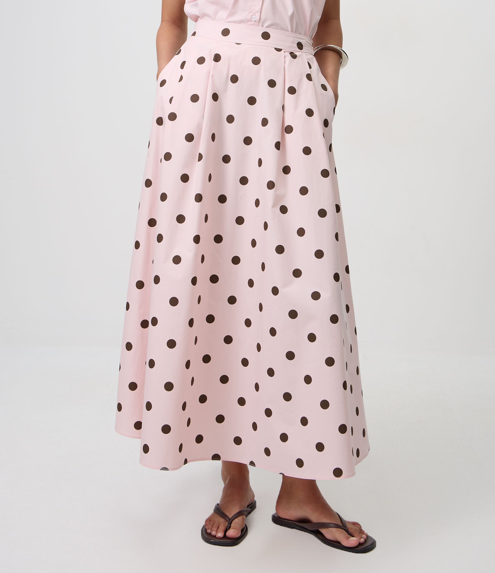 Saia Midi em Tricoline com Estampa Poá Rosa 2