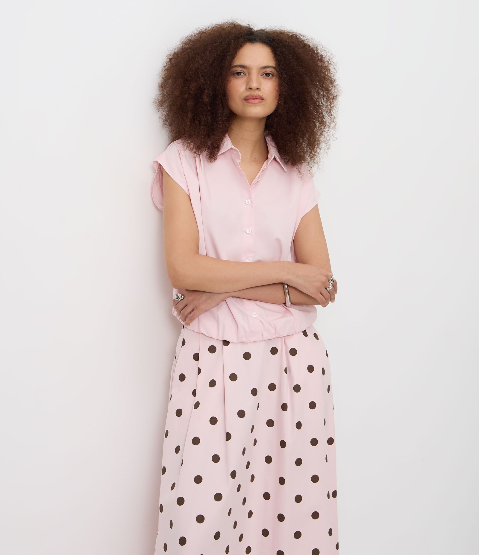 Saia Midi em Tricoline com Estampa Poá Rosa 3