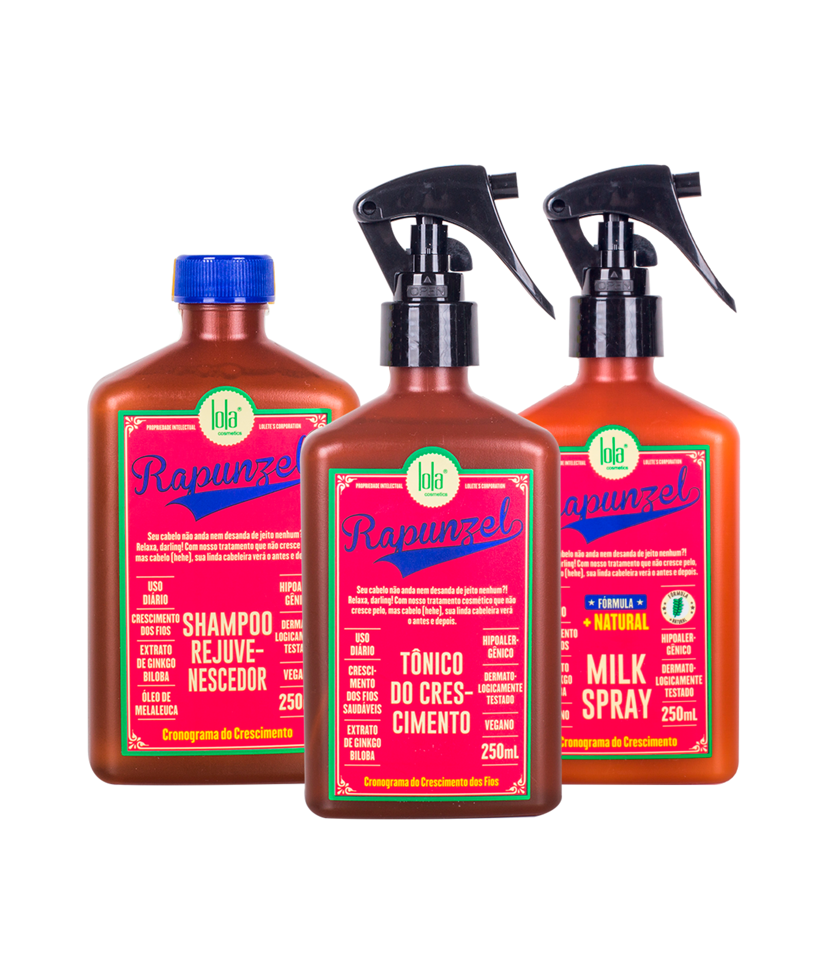 Kit: Shampoo Rejuvenescedor Rapunzel + Tonico Capilar + Condicionador Leave in Milk Lola Cosmetics KIT 1