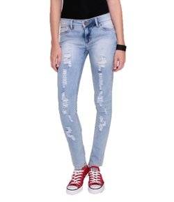 Calça Cigarrete Feminina Marmorizada em Jeans com Puídos