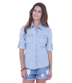 Camisa Feminina em Jeans com Estampa Poá