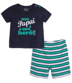 Conjunto Infantil Camiseta com Bordado e Short Estampado com Barquinhos - Tam 0 a 18 meses
