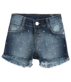 Short Jeans Infantil com Pérolas Artificiais Aplicadas - Tam 1 a 4 anos