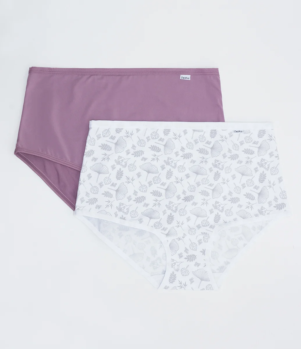 Kit 02 Calcinhas Altas em Microfibra Lisa e Estampada Folhagem DelRio Cinza/ Roxo 1