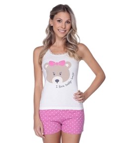 Pijama Feminino em Ribana com Estampa de Ursinha com Lacinho