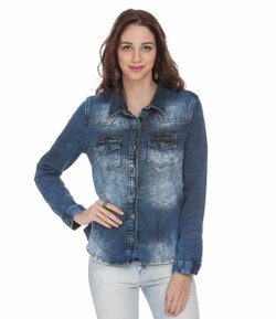 Camisa Feminina Marmorizada em Moletom com Efeito Jeans