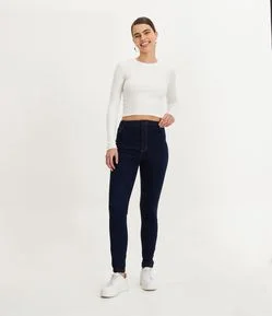 Calça Skinny em Jeans com Pespontos Contrastantes e Cintura Alta