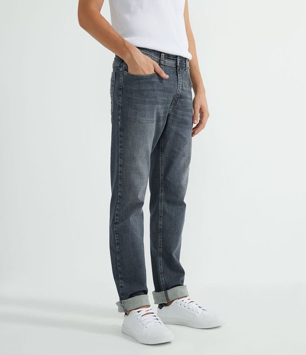 Calça Reta Básica Jeans com Elastano e Pesponto Contrastante Cinza 1