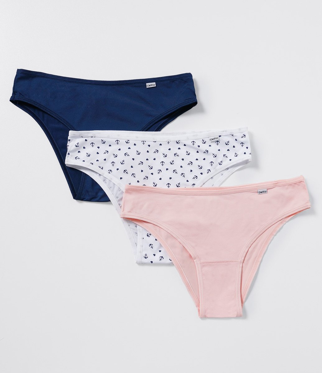 Kit 03 Calcinhas Biquíni em Microfibra com Estampa Navy DelRio Azul/ Branco/ Rosa 1