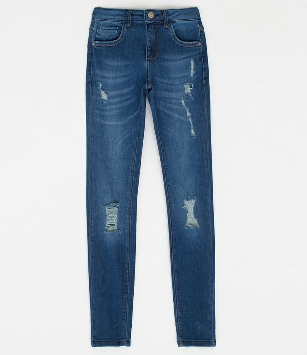 Calça Skinny Cintura Baixa em Jeans com Puídos e Pontos de Luz Azul 7