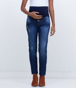 Calça Cigarrete em Jeans Maternidade com Puídos