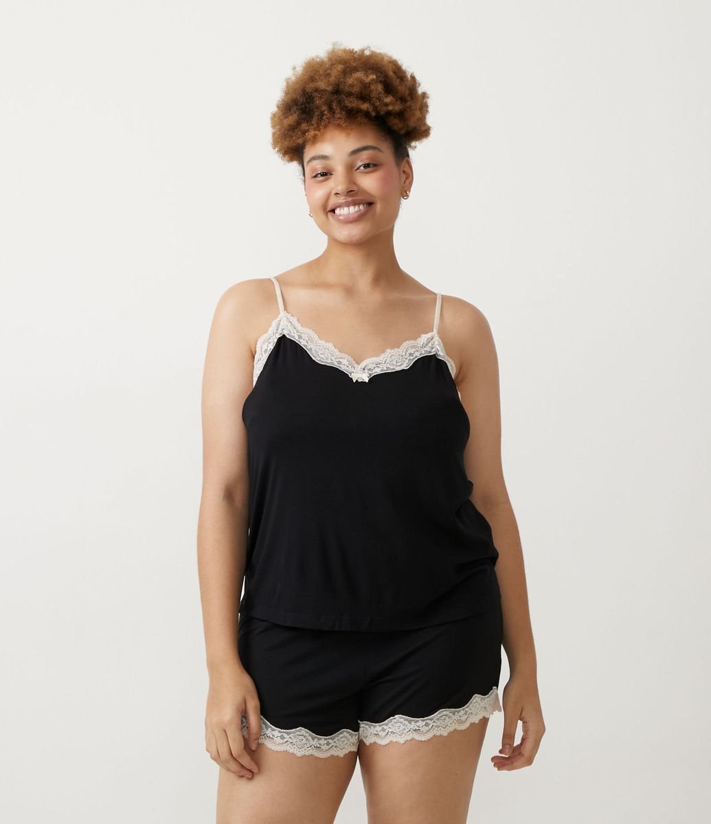 Pijama Short Doll Em Viscolycra Com Detalhes Em Renda Preto 7099