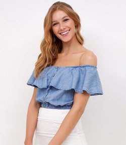 Blusa Jeans Cropped Ombro a Ombro