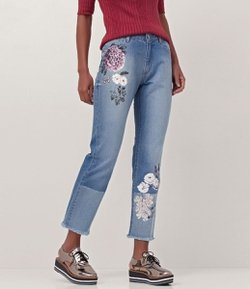 Calça Jeans Reta com Estampa Floral
