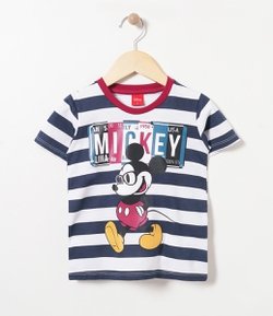 Camiseta Infantil Listrada com Estampa Mickey Mouse - Tam 1 a 4 