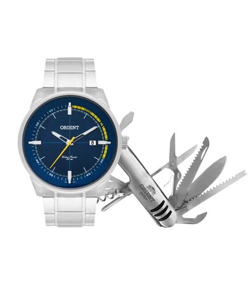 Kit Relógio Masculino Orient MBSS1295-D1SX Analógico Calendário 5 ATM + Canivete - Cor: Azul - Tamanho: U