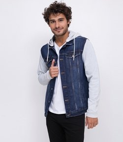 Jaqueta Jeans com Capuz e Mangas de Moletom