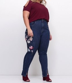 Calça Jeans Skinny Curve & Plus Size Bordado Floral
