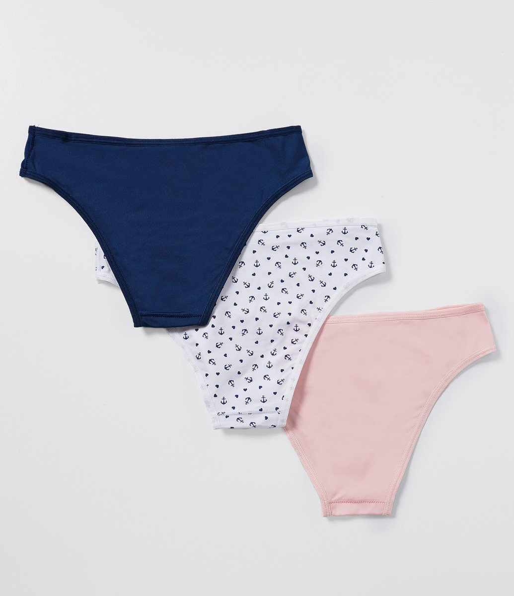 Kit 03 Calcinhas Biquíni em Microfibra com Estampa Navy DelRio Azul/ Branco/ Rosa 2