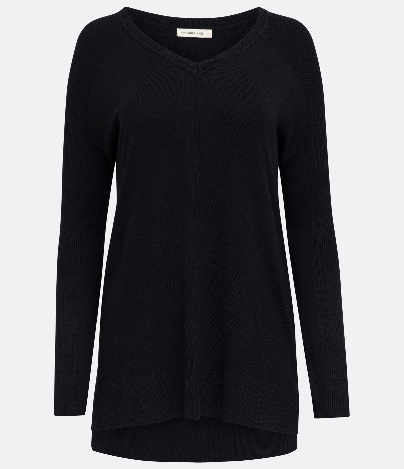 Blusa em Tricô com Decote V e Barra Mullet Preto 1