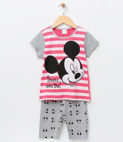 Pijama Infantil Algodão Listrado com Estampa Mickey - Tam 6 a 14