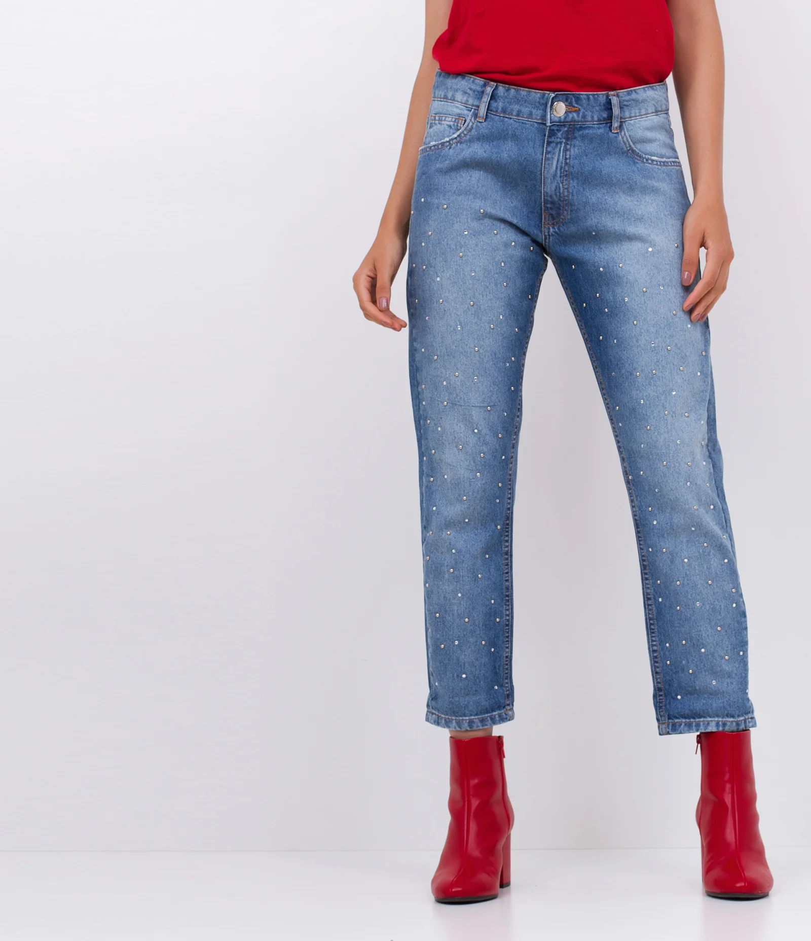 Calça Boyfriend Jeans com Tachas e Strass Azul 1
