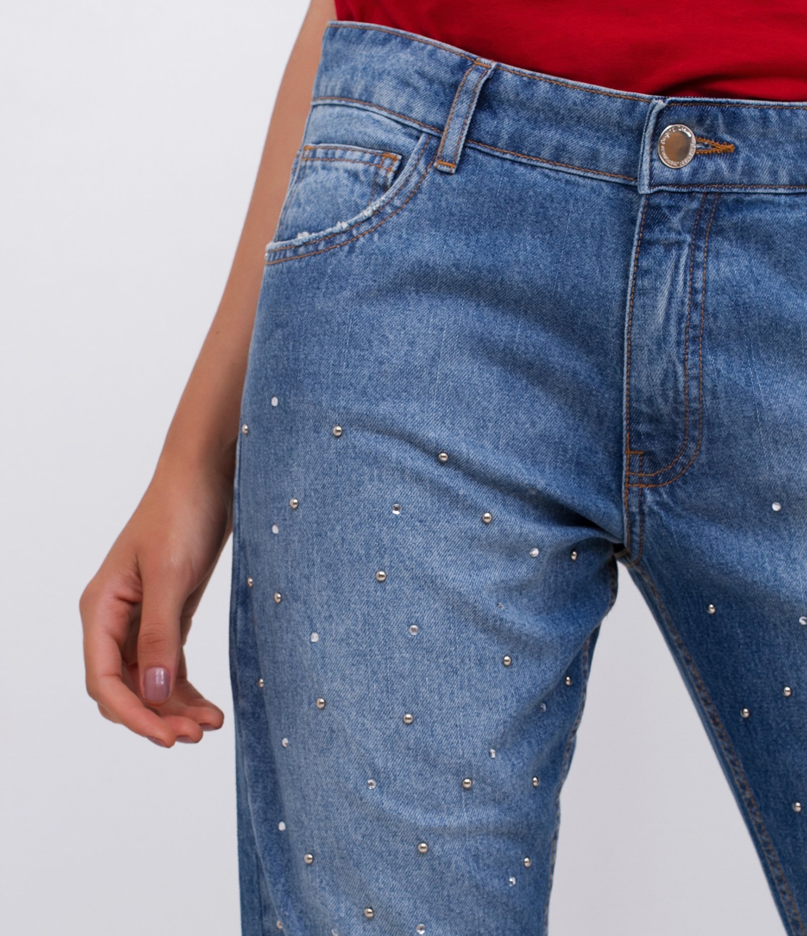 Calça Boyfriend Jeans com Tachas e Strass Azul 4