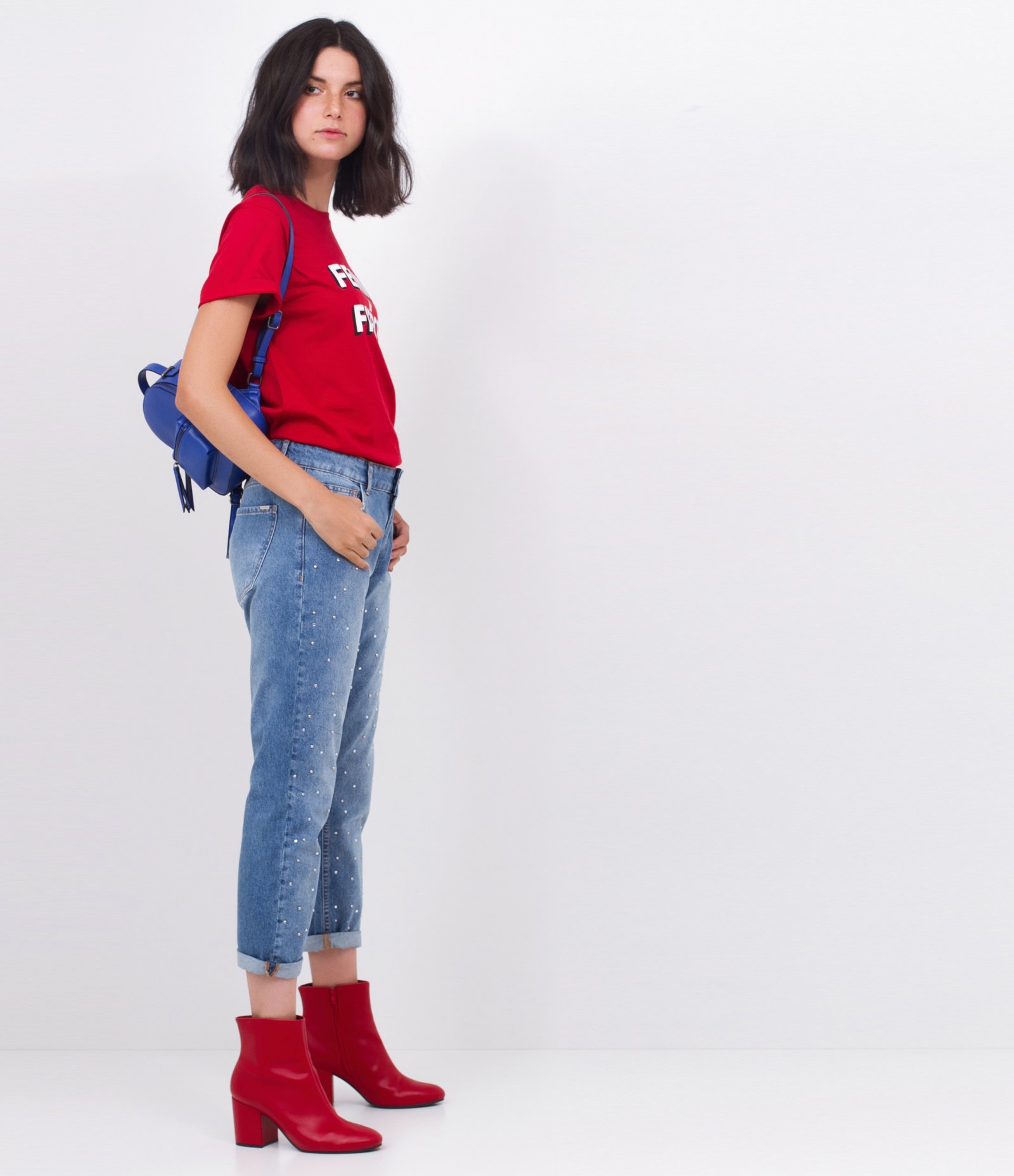 Calça Boyfriend Jeans com Tachas e Strass Azul 5