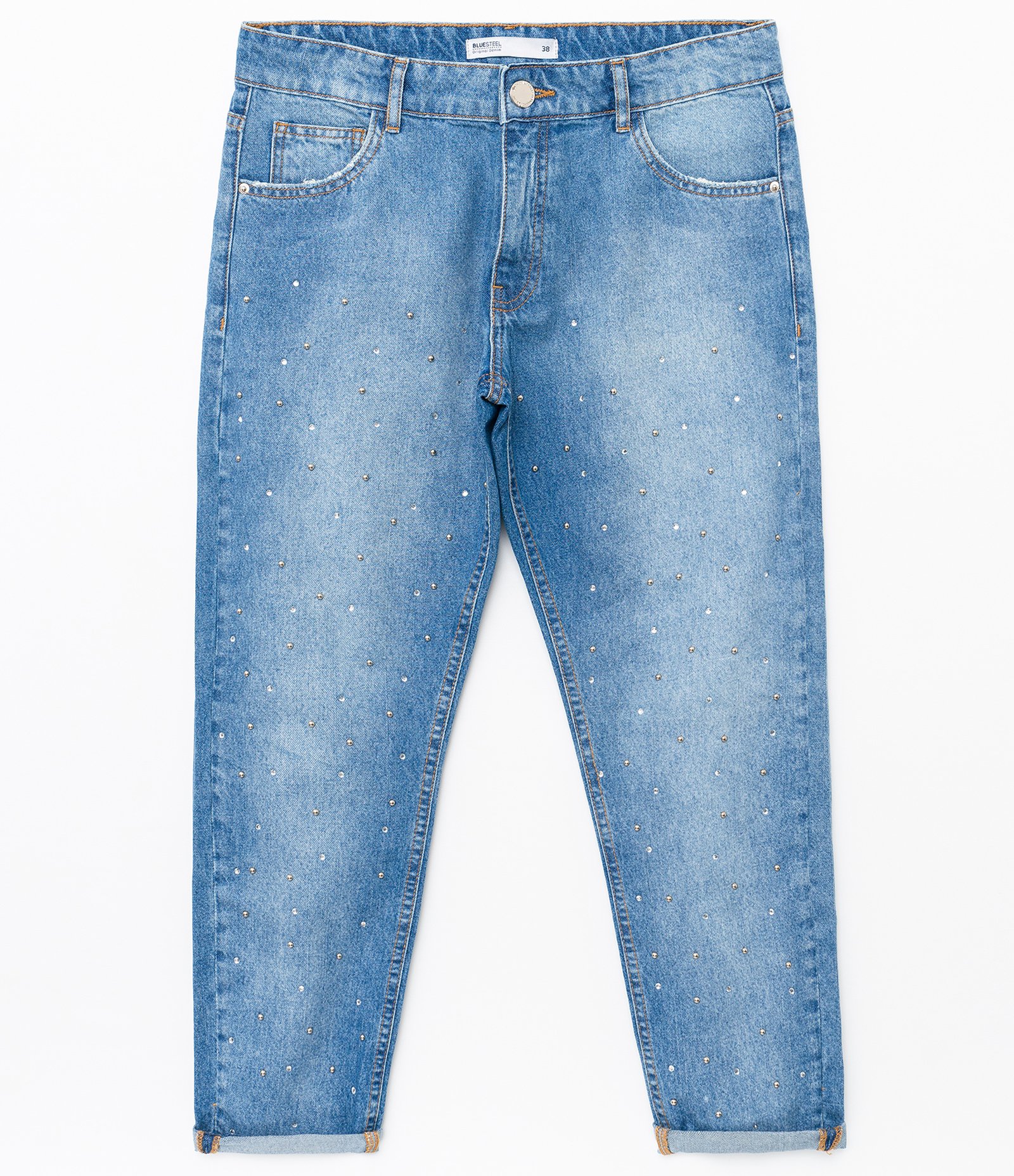 Calça Boyfriend Jeans com Tachas e Strass Azul 6