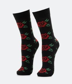 Meia Cano Alto em Algodão com Estampa de Rosas