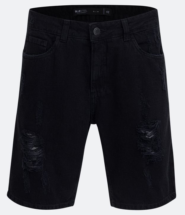 Bermuda Slim Jeans com Rasgos e Bolsos Preto Fosco 1
