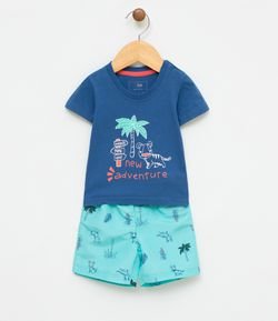 Conjunto Infantil Camiseta com Estampa e Bermuda Estampada - Tam 0 a 18 meses
