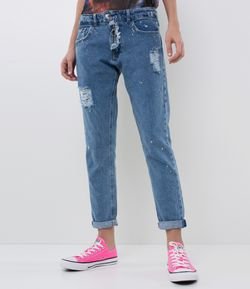 Calça Jeans Boyfriend com Zíper Frontal e Respingos