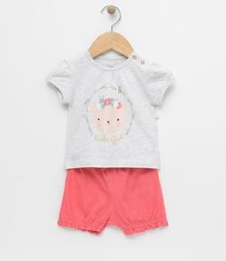 Conjunto Infantil Blusa com Estampa e Short Fofo Liso - Tam 0 a 18 meses