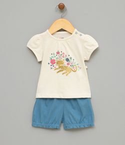Conjunto Infantil Blusa com Estampa e Short Liso - Tam 0 a 18 meses