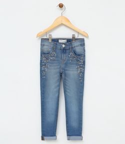 Calça Infantil em Jeans com Bordado e Chaton no Bolso - Tam 5 a 14