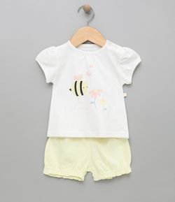 Conjunto Infantil Blusa com Estampa e Short Fofo Liso - Tam 0 a 18 meses