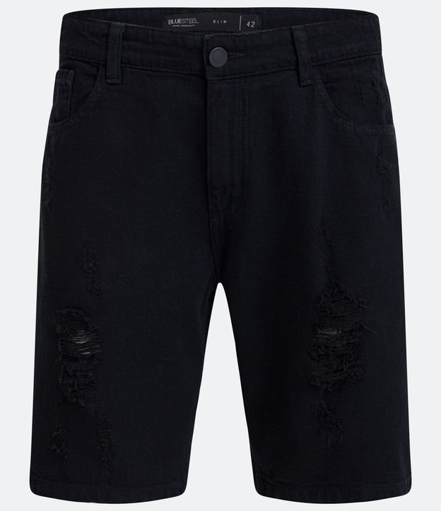 Bermuda Slim Jeans com Rasgos e Bolsos Preto 7
