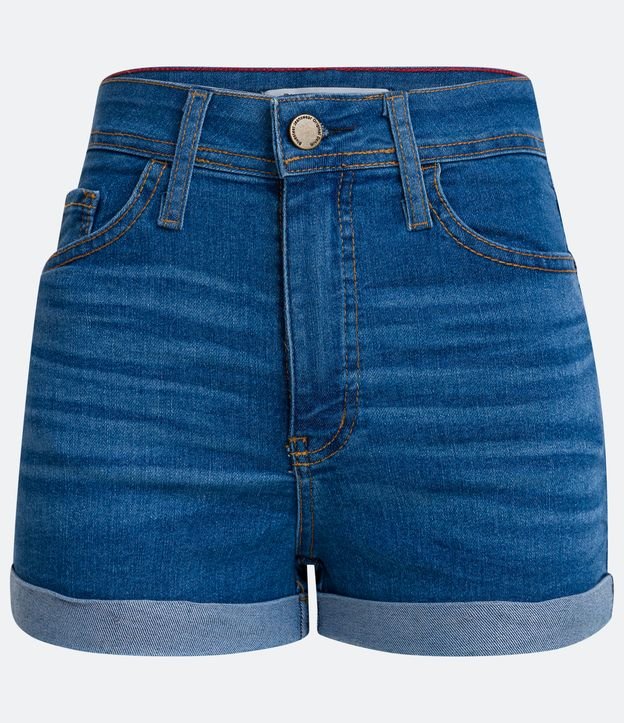 Short Hotpants Cintura Alta em Jeans com Barra Dobrada e Pontos de Luz Azul 6